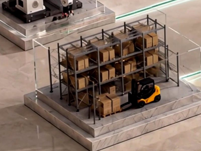 Warehouse racking stacked with inventory and a forklift