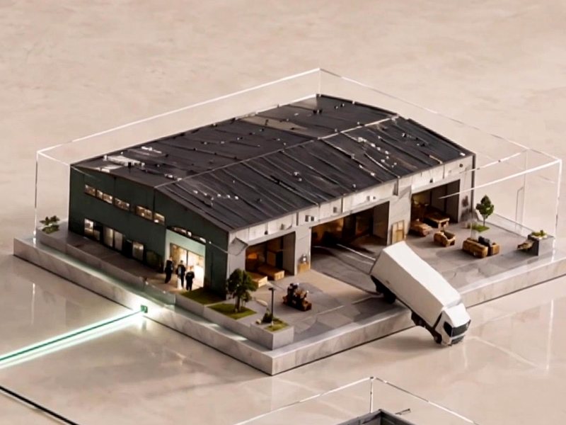 A logistics warehouse with a delivery truck at the loading bay