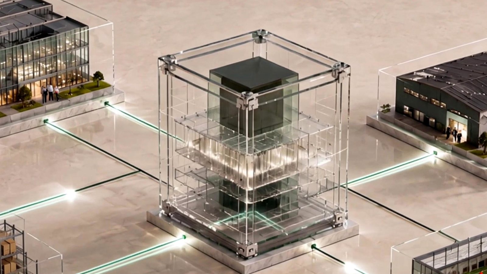 A transparent structure at the centre of a network of connected businesses and assets
